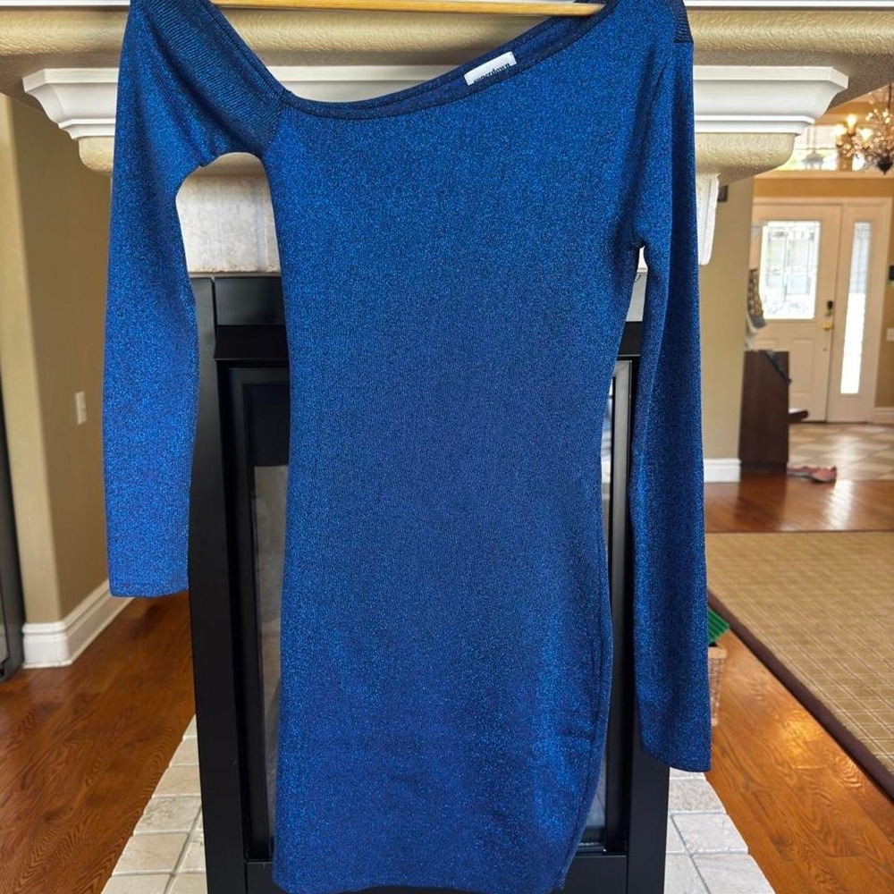 Superdown Blue Metallic Asymmetric Mini Dress M Vegas Going Out Party